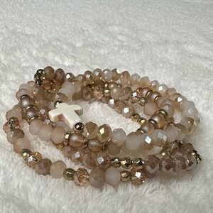 Beaded Bracelets Pretty Neutral Gold Mauve Pink Set of 4 with Cross Charm NWOT